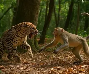 نبرد حیات وحش/میمون بچشو به دندون کشیده تا از شکار پلنگ جان سالم به در ببره