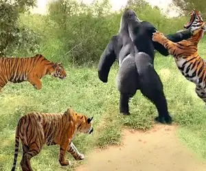 شاهکار حیات وحش؛ گوریل سفاک با دست ببر مفلوک از وسط دو شقه کرد تا بچشو پس بده