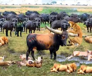 شاهکار حیات وحش؛ بوفالو ددمنش برای نجات گله ش شیر سفاک و مثله کرد کفتار بلعید