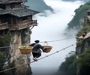 معماری خلاقانه؛ پل معلق چوباش ریخته با بند میرن مرگ یه قدمیشونه