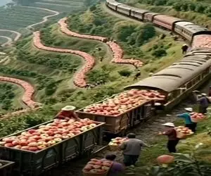 کشاورزی نوین؛ درو کردن سیب با قطار تو خالی که سبدها رو میخوره بدون نیاز به کار انسانی