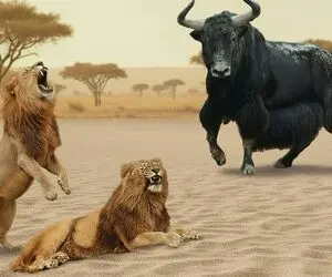بدایع حیات وحش؛ یک بوفالوی نر جنگی بهتر از یه گله شیر!
