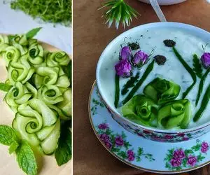 ایده های خلاقانه؛ تزئین خیار به شکل گل رز
