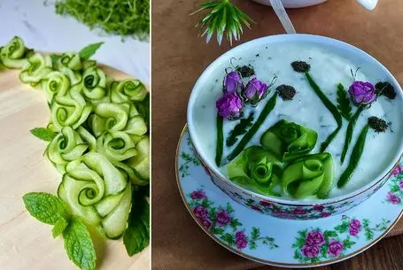 ایده های خلاقانه؛ تزئین خیار به شکل گل رز