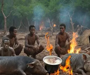 جنگجویان طبیعت؛ بربرهای برهنه با تبر گراز شکار کردن با پوست کباب کردن خوردن