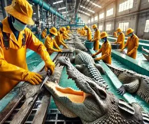 فرآوری تمساح؛ بوی زهم تمساح با پیاز و سیر حین جوشوندن میگیره گوشتشو ریش میکنه