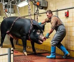 فرآوری خوک؛ خوک لجن قلمبه رو بعد کارواش انداخت تو رنده برق سوسیس صورتی بشه