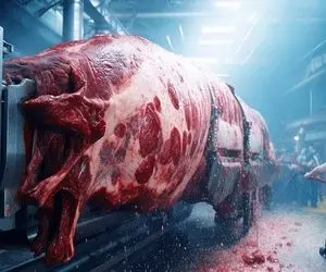 فرآوری گاو؛ گاوها رو با تجهیزات مدرن غول پیکر میکنن بعد سلاخی فریز میشن