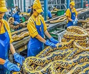 فرآوری مار؛ تخم مار رو میذارن تو کوره تا زودتر رشد کنه بعد گوشتشو چرخ میکنن میفروشن