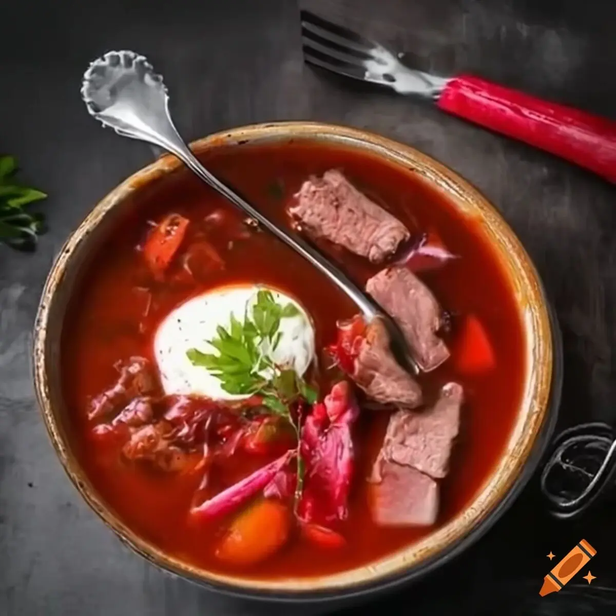 craiyon_113812_Traditional_borscht_with_tender_meat_and_creamy_sour_cream
