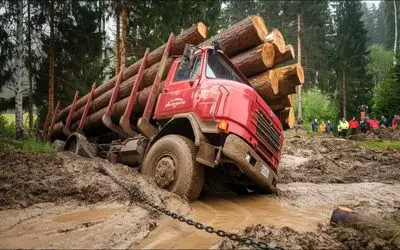جا به جایی جانکاه؛ کامیون ها تا کمر تو گل گیر میکنن تا چوب هارو از جنگل ببرن کارخانه