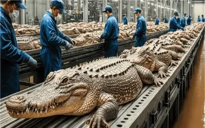 فرآوری تمساح؛  تمساح قد گاو که شد میزنن زمین از گوشت و پوستش سود بکشن