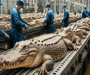 فرآوری تمساح؛  تمساح قد گاو که شد میزنن زمین از گوشت و پوستش سود بکشن