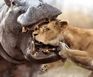 از جذابیت های حیات وحش؛ کله شیر تو دهن اسب آبی گردنکش بدجور له و لورده شد
