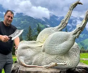 غذای غول پیکر؛ شکم شترمرغ 122 کیلوییو با سس پر و میله داغ از دهنش رد کرد بپزه