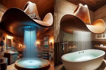 طراحی و چیدمان خلاقانه حمام با دوش طرح کلاه کابوی/ سبک وسترن را به حمام خود ببرید