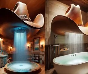 طراحی و چیدمان خلاقانه حمام با دوش طرح کلاه کابوی/ سبک وسترن را به حمام خود ببرید