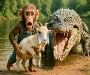 ساخت و ساز مصنوعی؛ میمون شجاع بزغاله رو زد زیر بغل د درو که گرفتار شکم تمساح نشن