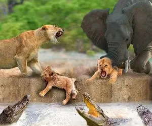 جذابیت حیات وحش؛ فیل ددمنش توله شیر و از دهن تمساح زمخت نجات داد خودش بلعید