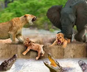 جذابیت حیات وحش؛ فیل ددمنش توله شیر و از دهن تمساح زمخت نجات داد خودش بلعید