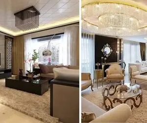 دیزاین پذیرایی با دو دست مبل و تلویزیون وسط دیوار؛ مناسب پذیرایی زیر 80 و بالای 100