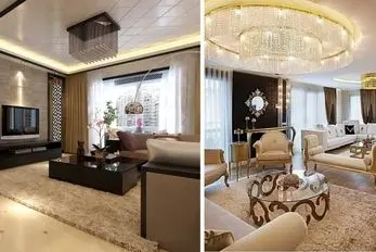 دیزاین پذیرایی با دو دست مبل و تلویزیون وسط دیوار؛ مناسب پذیرایی زیر 80 و بالای 100