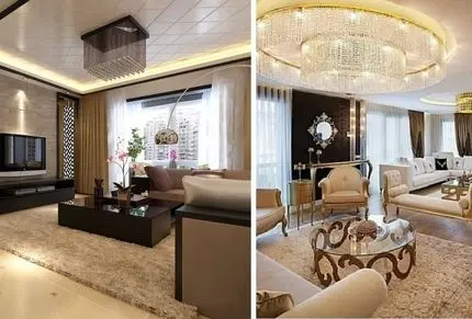 دیزاین پذیرایی با دو دست مبل و تلویزیون وسط دیوار؛ مناسب پذیرایی زیر 80 و بالای 100