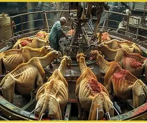 کارخانه حیوانات؛ پرورش شترها برای مسابقه سرعت اگه باختن با اره برقی گردنشونو میزنن