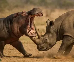 قلمرو حیوانات؛ اسب آبی انقد دهنشو وا کرد تا کرگدن به حسابش رسید