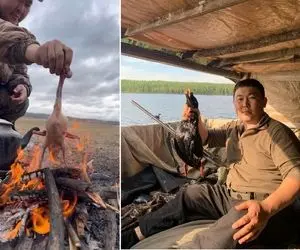 اردک رو صید میکنه پوستش رو میکنه و تو فویل کباب می کنه به این خوشمزگی مگه داریم !