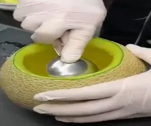 کافه بازی خونگی؛ داخل طالبی رو خالی میکنن کیک میوه ای توش درست میکنن خیلی راحته ببینی
