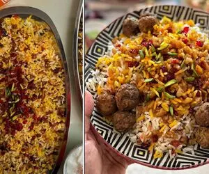 طرز تهیه گردو پلو + همه نکات آبکش کردن برنج و درست کردن پیاز داغ مجلسی