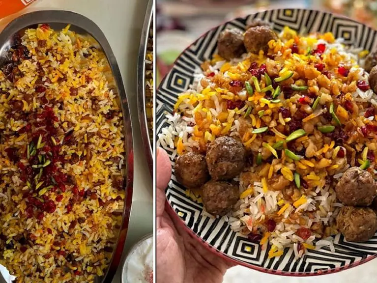 طرز تهیه گردو پلو + همه نکات آبکش کردن برنج و درست کردن پیاز داغ مجلسی