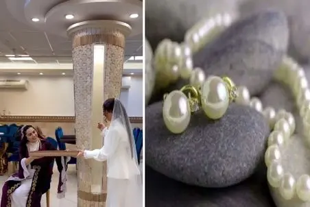 عروس نوازنده؛ عروس خانوم خودش می نوازه و براش مروارید دور گردنش می بندن