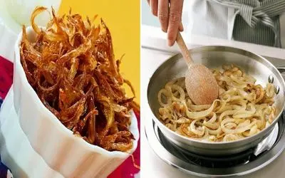 ترفند درست کردن انواع پیاز داغ و طلایی شدنشون؛ مجلسی یا خلالی و کاراملی با ادویه خاص