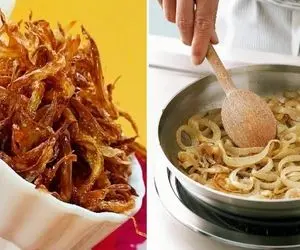 ترفند درست کردن انواع پیاز داغ و طلایی شدنشون؛ مجلسی یا خلالی و کاراملی با ادویه خاص
