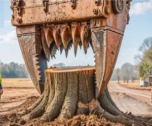 ابزارآلات غول پیکر؛ اپراتور بیل مکانیکی چنگک غول نصب کرد تنه درختو از بین و بخ بکنه