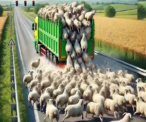 جابه جایی پرهیبت؛ برای اینکه گوسفندا به موقع برسن به پرواز روهم روهم سوار کامیون میشن