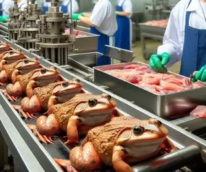 فرآوری قورباغه؛ تخم قورباغه رو تو لجن میکارن گوشتالو شد با رزماری سرخ میکنن