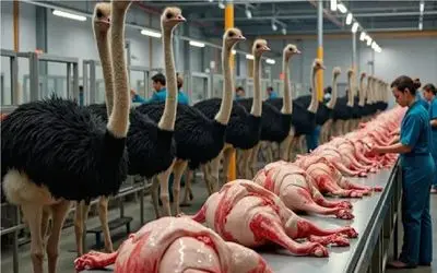 فرآوری شترمرغ؛ شترمرغ با تیغ صنعت سر تا پا مثله میکنن کیسه هاشون پر شه