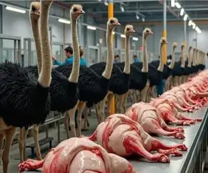 فرآوری شترمرغ؛ شترمرغ با تیغ صنعت سر تا پا مثله میکنن کیسه هاشون پر شه