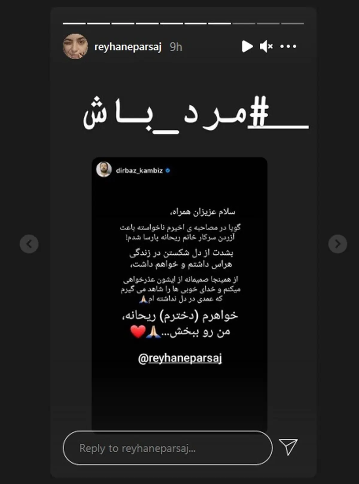 پردیس پورعابدینی وسط دعوای کامبیز دیرباز و ریحانه پارسا!