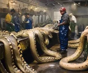 فرآوری مار؛ پیتون های بزرگ و دراز رو با چاقو پوست می کنن و لول میکنن