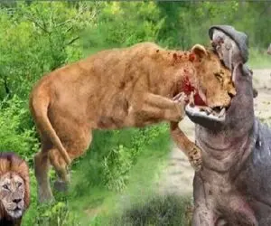 نبرد حیات وحش/اسب آبی بچشو از دهان شیر کشید بیرون شاخش رو در بدن شیر وحشی فرو برد
