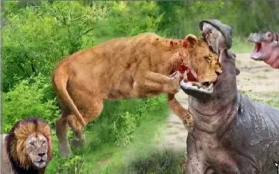 نبرد حیات وحش/اسب آبی بچشو از دهان شیر کشید بیرون شاخش رو در بدن شیر وحشی فرو برد