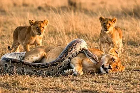 حیات وحش مصنوعی؛ شیر شجاع برای نجات مادرش از چنگ پیتون غول آسا کمک آورد