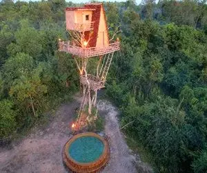 معماری خلاقانه؛ وسط بیابون یه درخت پیدا کردن روش خونه چوبی ساخته از حمله حیوونا نمیرن