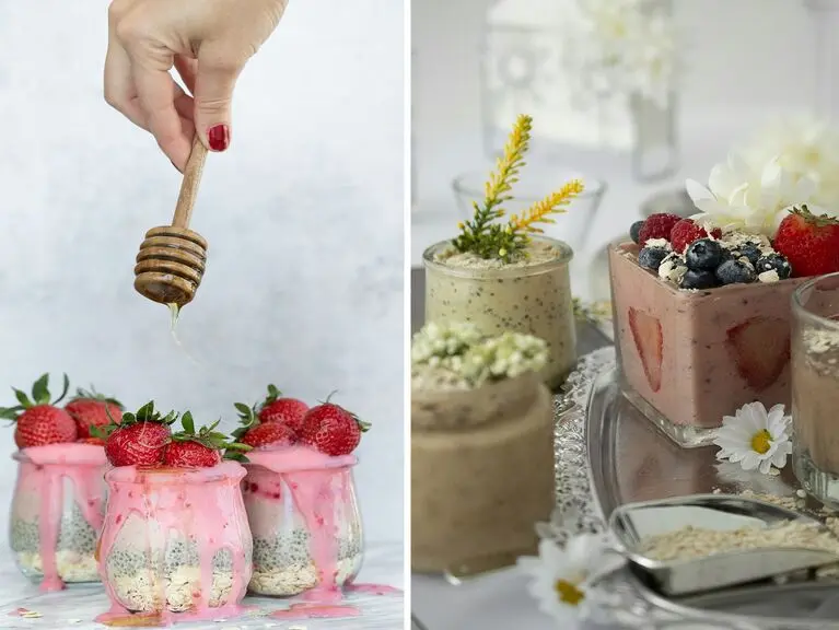 اسموتی دانه چیا با توت فرنگی و هلو | خنک و پرانرژی برای صبحانه و میان وعده