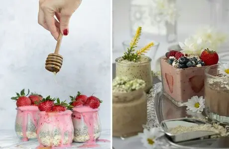 اسموتی دانه چیا با توت فرنگی و هلو | خنک و پرانرژی برای صبحانه و میان وعده