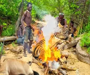 جنگجویان طبیعت؛ پوست گورخر کردن سفره گاومیش رو هم با نیزه شکار کردن سوپ پختن